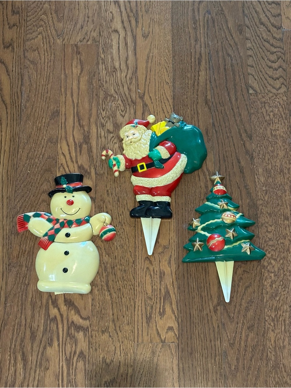 3 Vintage JSNY Plastic Christmas Yard Stakes Snowman Santa Claus Christmas Tree